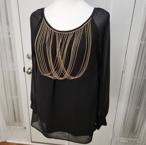 Haute Monde Sheer Black Long Sleeve Swooped with Gold Color Chains Size Small‎